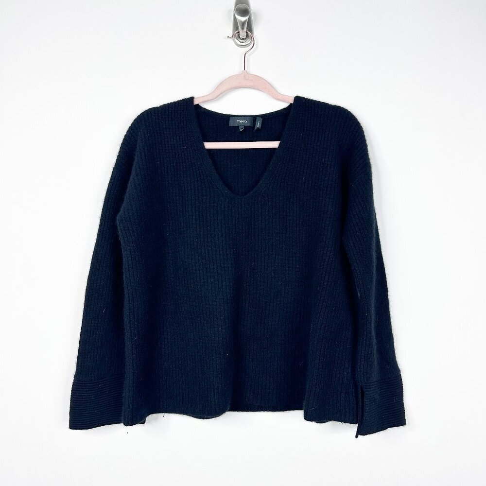 Theory V-Neck Ribbed Cuff Pullover Soft Cashmere Sweater Black Large #A1118 - Picture 2 of 10